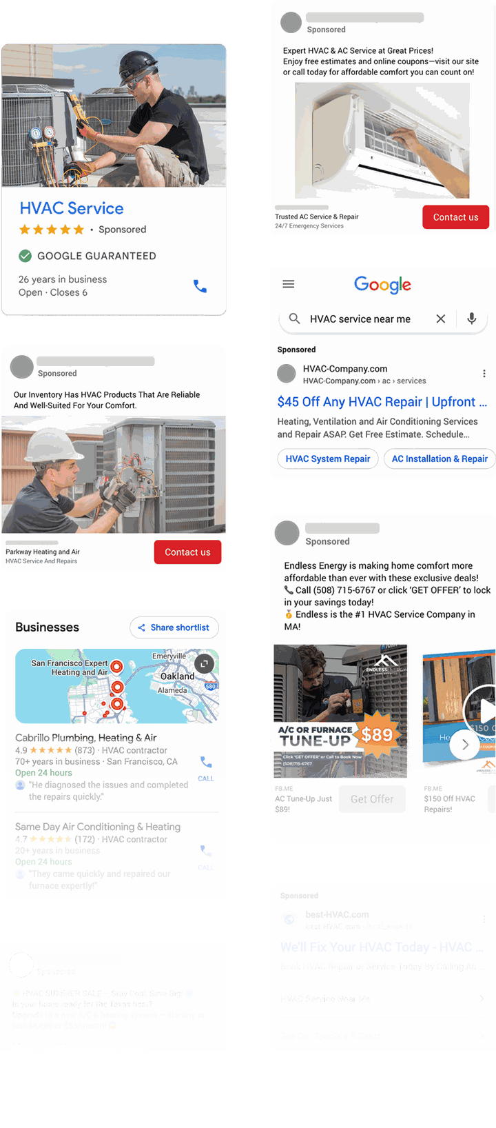 Examples of HVAC Google and Facebook ads we run for clients