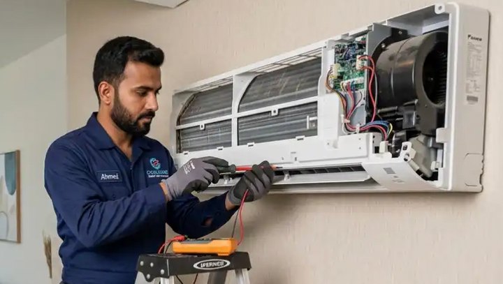 HVAC technician installing an indoor AC unit