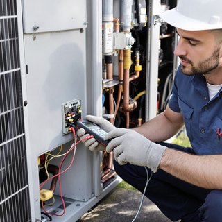 HVAC technician servicing an outdoor unit